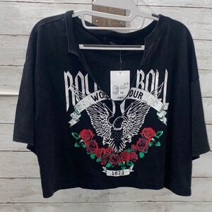 Forever 21‎ Black Rock & Roll Graphic Crop Top